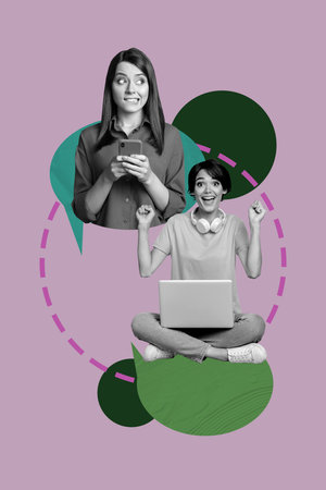 Sketch image 3d pop banner collage of two happy girls hold phone laptop bubble communication text...