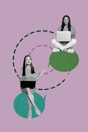 Vertical 3d poster art pop collage of two happy girls sit bubble remote correspondence chat dialogue...