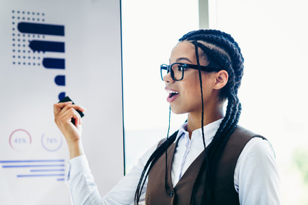 Confident Professional Woman Delivering a Presentation in a Modern Office Environment