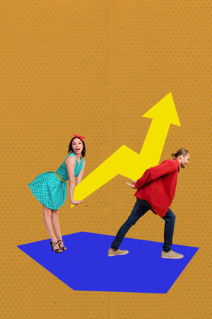 Sketch template design photo collage composite of stats graphics trade success target young lady pinup style hold arrow man walk supportの写真素材