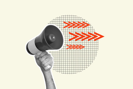 Full image 3d poster art collage of hand hold loudspeaker promote news demonstration activist proclaim arrow fake disinformationの写真素材