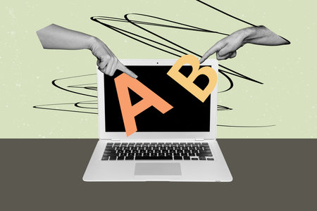 Creative full artwork collage of hands show laptop open screen device hold letters programming...