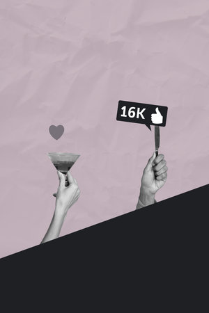 Vertical contemporary photo collage of hands show like notification social media influencer feedback follow popular blogの写真素材