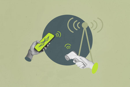 Collage Showing Smartphone laptop Wifi Icons Symbolizing Internet Connection Social Media Freelance...