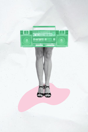 Sketch image 3d pop art banner collage of bodyless woman stand instead head boombox wear shoes melody nightclub event 90sの写真素材
