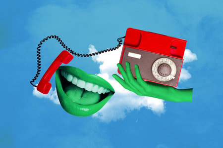Exclusive image full photo collage of faceless mouth talk telephone device retro handset landline gossip popularization operatorの写真素材