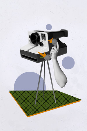 Sketch composite 3D photo collage trend artwork of photo capture journalist author hobby camera shooting hand hold landline phone callの写真素材