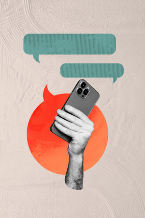 Vertical pop art poster banner collage of hand hold modern gadget bubble communication speech text box correspondence iconの写真素材