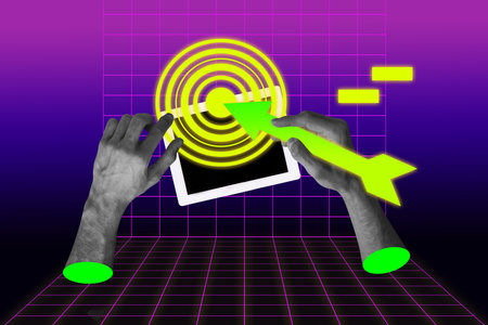 Banner full image art collage of hands hold tablet device arrow neon development career promotion...