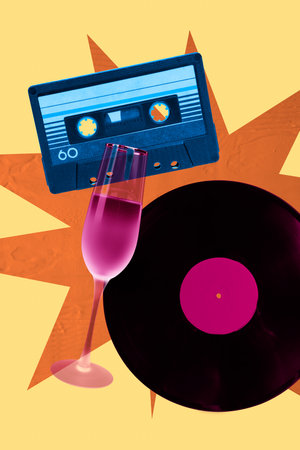 Sketch image 3d pop banner collage of advertisement cocktail glass vinyl disk celebration retro cassette holiday entertainmentの写真素材