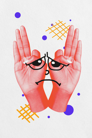 Vertical pop art poster banner collage of hands show palms sad emoji eyeball mouth depressed mood non-verbal communicationの写真素材