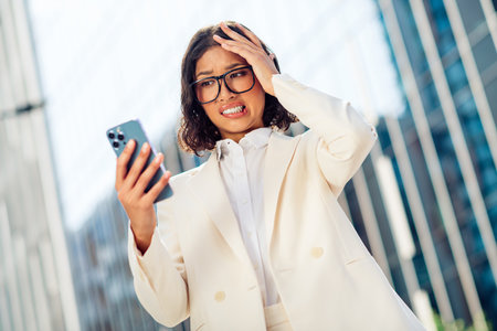 Young professional woman reacts emotionally to message outside modern office building in urban...