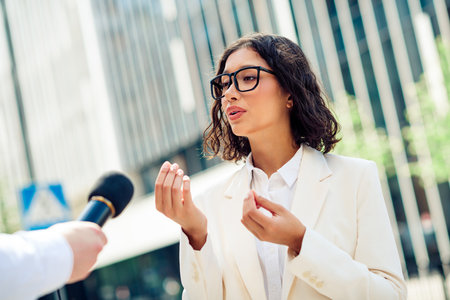 Confident businesswoman giving an interview outdoors near modern office buildings, representing professionalism and successの写真素材