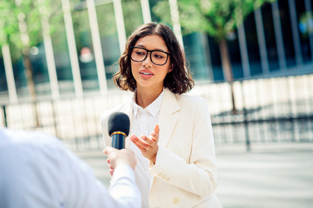 Successful businesswoman being interviewed outdoors in an urban city setting on a sunny day, expressing confidenceの写真素材