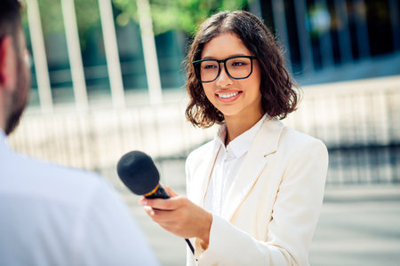 Confident professional businesswoman interviewing outdoors in urban setting, exemplifying success and elegance in modern career lifestyleの写真素材