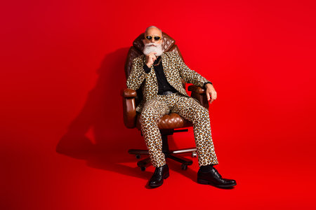 Fashion model elderly man in leopard print suit seated in chair with red background showcasing chic, trendy fashionの写真素材