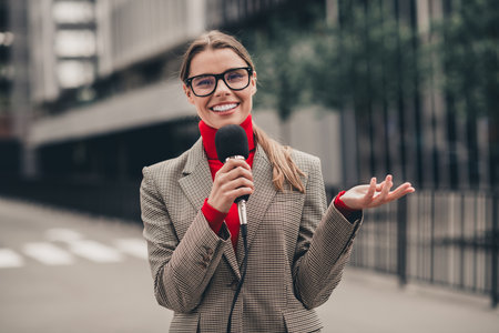 Confident Businesswoman Holding a Microphone Outdoors Smiling in a Modern Urban Street Wearing Formal Jacketの写真素材
