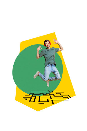 Collage of cheerful person jumping with joy after solving business labyrinth problem on abstract...
