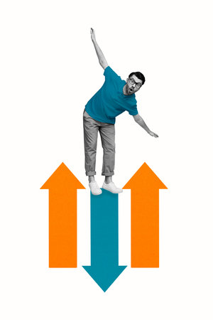 Composite artwork photo collage template sketch of young guy socked face stand balance arrow graphics success trade stats charts goalの写真素材