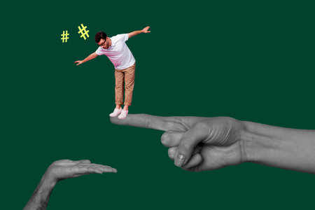 Creative banner full art collage of shocked businessman stand human hands point out dismissal redundancy concept terminationの写真素材