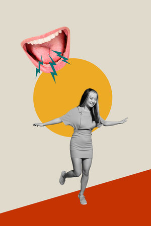 Trend image vertical photo collage of happy man girl jump mouth scream lightning bullying pressure abuse stereotype hate conceptの写真素材