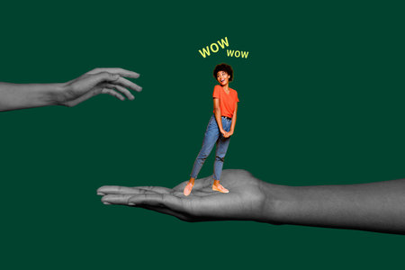 Creative banner full art collage of happy shy pretty girl stand human hands wow letters wonder non-verbal gesture showingの写真素材