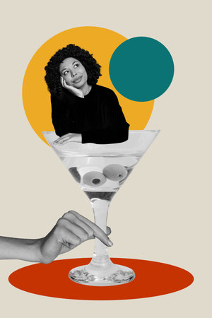 Poster photo vertical collage of happy guy girl jump martini glass celebration bar occasion celebration chill toast eventの写真素材