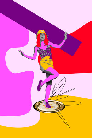 Sketch image 3d pop banner collage of happy girl dance weekend chill occasion neon effect celebration holiday disco entertainmentの写真素材