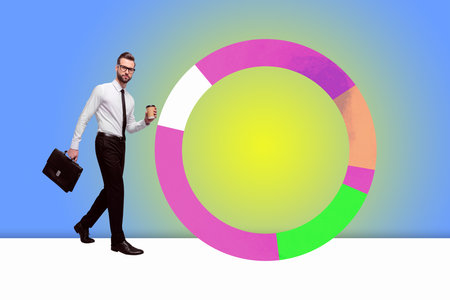 Collage Featuring Excited Business person With Business Chart Pie Graph Analyzing Data Statistics Conceptの写真素材