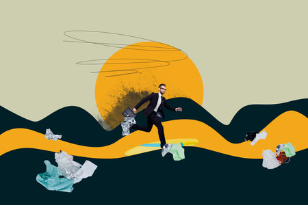 Modern earth day collage showing hills of trash highlighting pollution recycling plastic usage volunteering responsible planet attitudeの写真素材