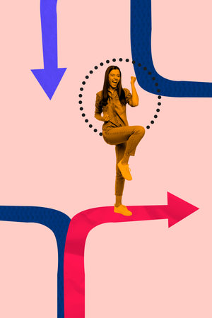 Vertical 3d artwork collage of happy businesswoman stand arrow success statistics development career...