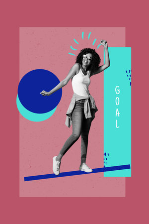 Image collage of young happy lady dance energetic raise fists on red color backgroundの写真素材