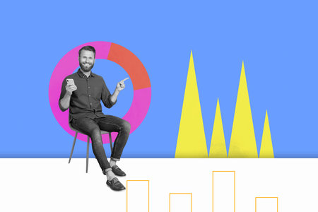 Collage Featuring Excited Business person With Business Chart Pie Graph Analyzing Data Statistics...