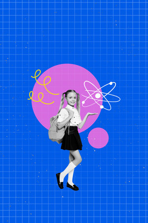 Poster 3d image artwork banner collage of happy schoolgirl show chemistry symbol subject wear uniform backpack educationの写真素材