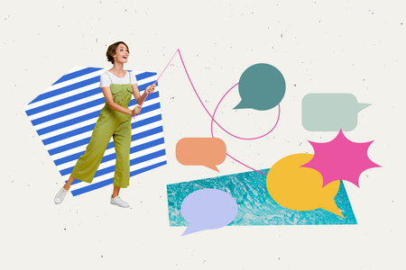 Exclusive magazine picture sketch collage image of happy girl hold fishing rod catch bubble communication chat river summerの写真素材