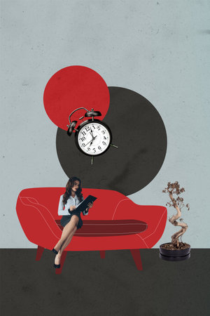 Creative collage of smiling person sitting on cozy sofa with bonsai tree and clock in modern house...