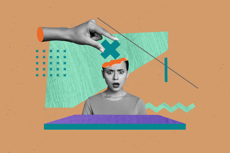 Contemporary art collage of puzzled girl cut head caricature hand hold plus treatment healthcare...