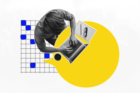Composite 3d art pop collage of serious businessman freelancer type laptop bubble communication...