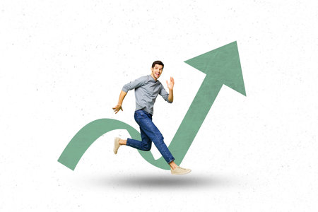 Sketch template design photo collage of copyspace young guy happy run fast arrow up growth target...