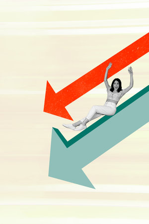 Vertical art pop poster banner collage of happy inexperienced businesswoman sit arrow bankruptcy...