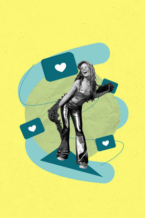 Image pop collage of person fly dance stand triangle plane with likes on yellow backgroundの写真素材