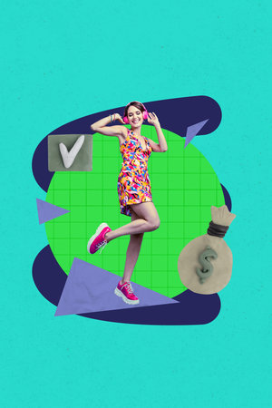 Creative banner collage of young lady listening to earphones with money on green color backgroundの写真素材