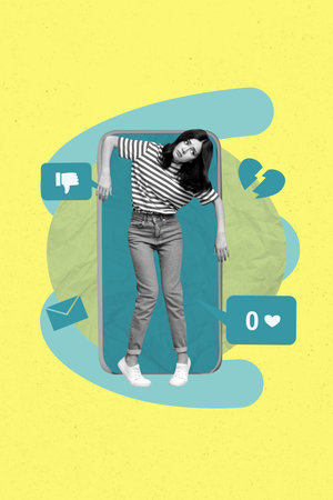 Poster collage of person control stand front gadget screen with dislike on yellow backgroundの写真素材
