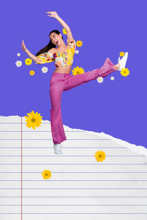 Creative image collage of happy fun girl move energetic on purple background with paper sheets...