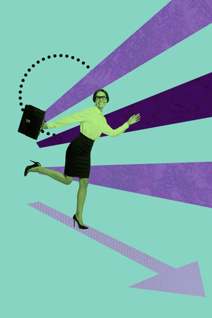 Zine creative vertical photo collage of happy businesswoman win promotion arrow development progress success statistics goalの写真素材