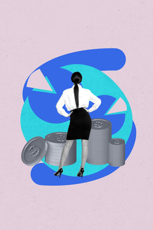 Zine art poster trend collage image of happy businesswoman stand coin dollar transaction usd capital earnings diagram progressの写真素材