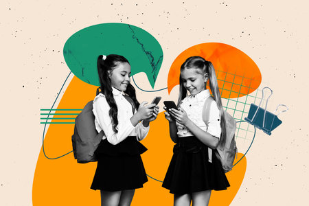 Image trendy art banner collage of two happy girls classmates hold phone type message communication e-learning educationの写真素材
