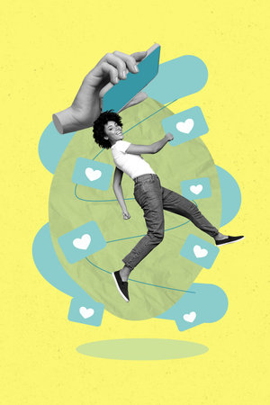 Creative template collage of person run fast with hand fall like icons on yellow backgroundの写真素材