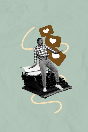 Graphics template collage of person blogging stand near type writer having likes icon on green backgroundの写真素材
