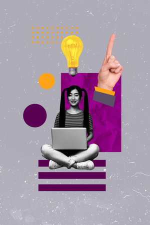 Vertical zine artwork pop trend collage of happy businesswoman freelancer hold laptop light bulb idea finding developmentの写真素材